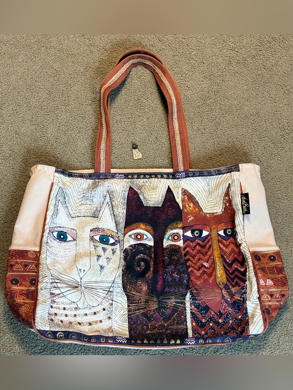 Laurel Burch Three Feline Friends XL Tote Bag Cat Artsy Boho Purse BROKEN ZIPPER